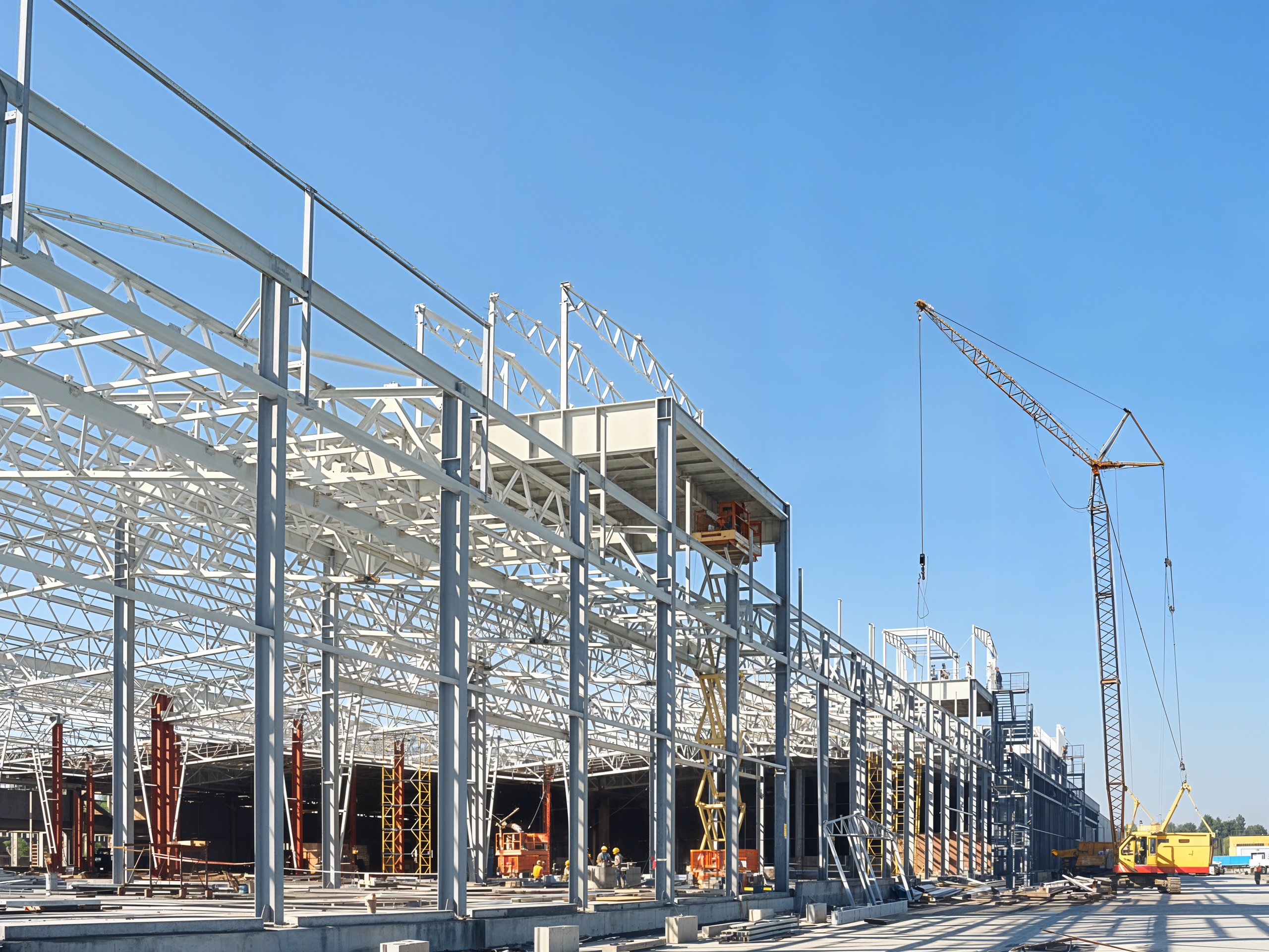 Industrial building construction with crane assembling steel structure